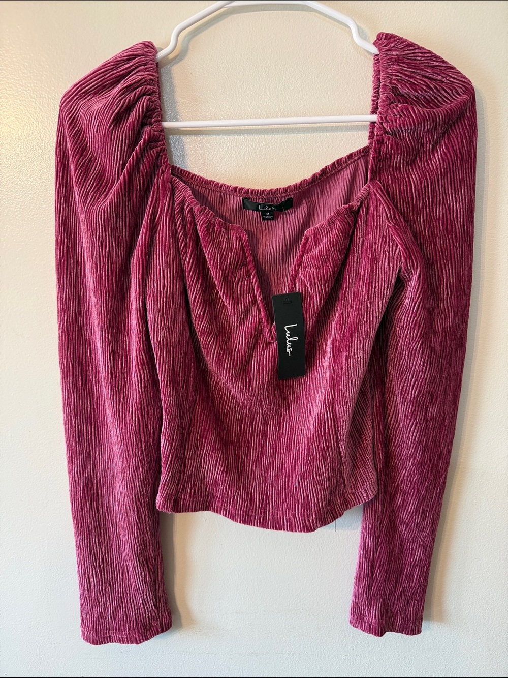 Lulu's Magenta Crushed textured Velvet V neck Long Sleeve Crop Top